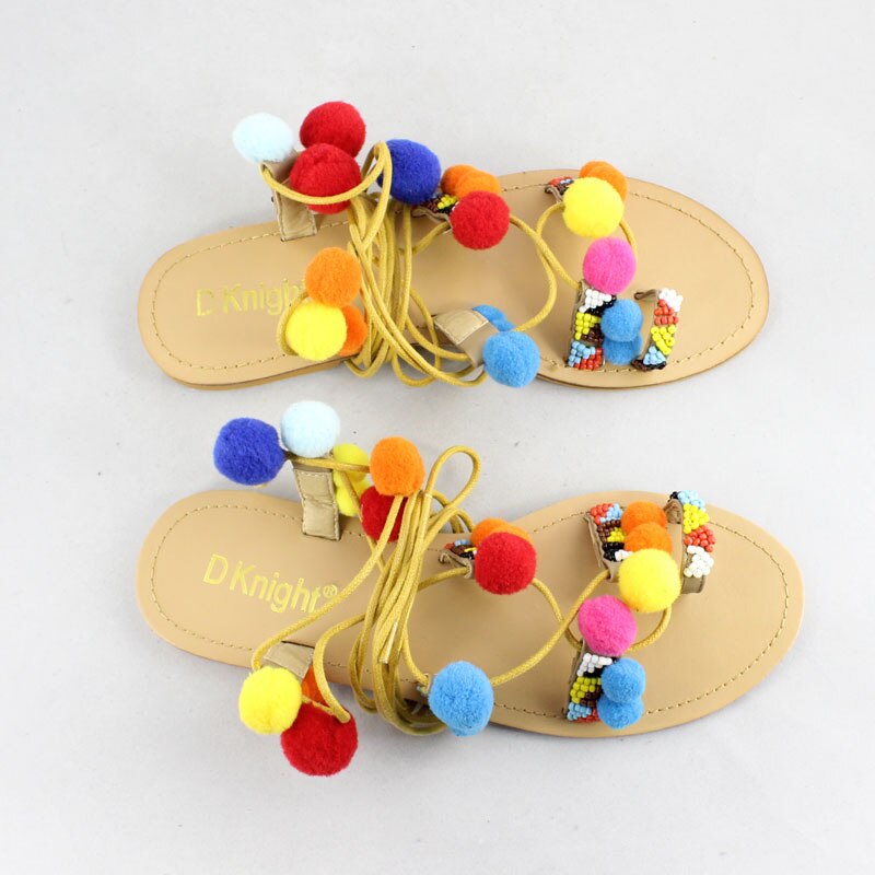 Sandalias planas con pompón de flores de colores para mujer, sandalias romanas de Gladiador, Chanclas de Tanga de encaje alto, zapatos de verano, E46