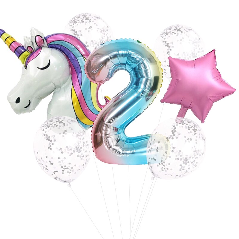 7 st regnbåge unicorn party ballonger unicorn födelsedagsdekoration nummer ballong barn födelsedagsfest dekoration för tjejer: 2 enhörning