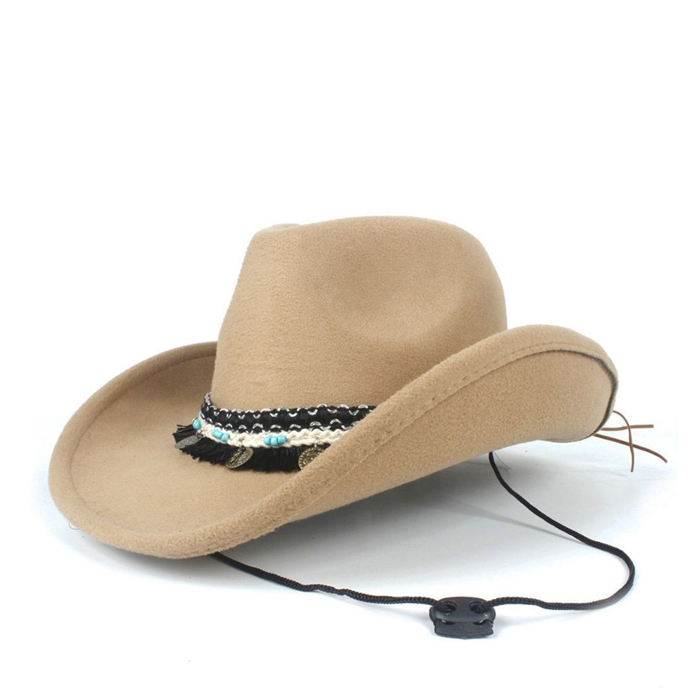 Kvinder kvast uld hule vestlige cowboy hat roll-up brim lady outblack sombrero hombre jazz cap vind reb størrelse 56-58cm: Khaki