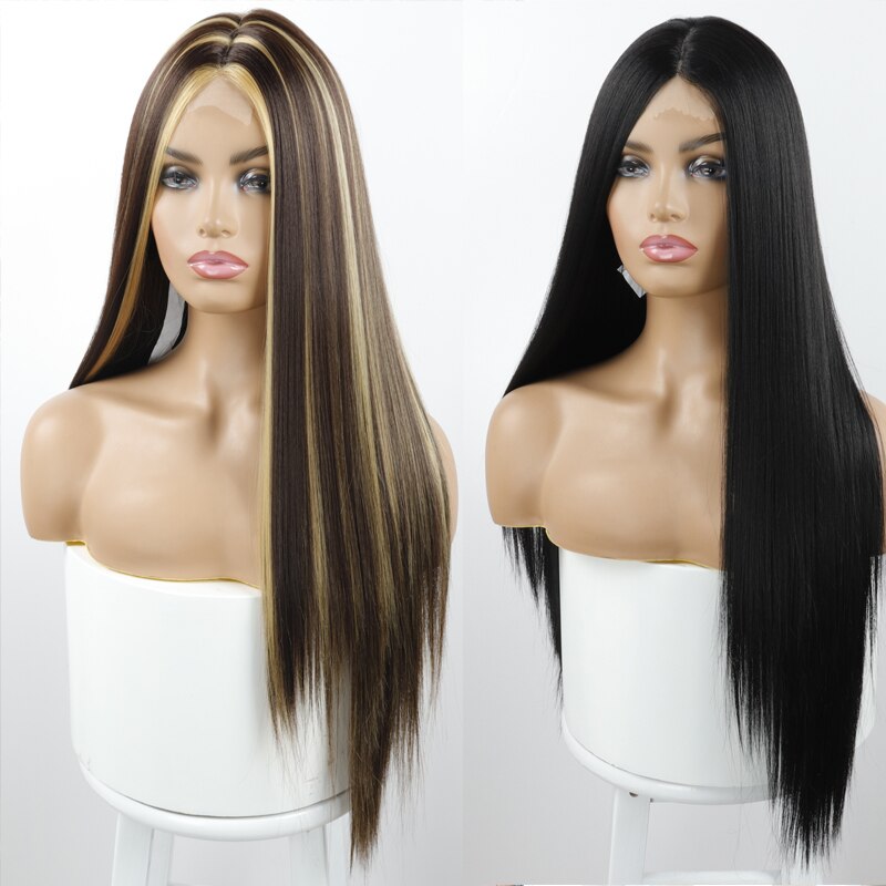 LISI GIRL longue ligne droite perruque noire perruques synthétiques pour les femmes partie moyenne naturelle perruque de dentelle fibre résistante à la chaleur perruque d'apparence naturelle