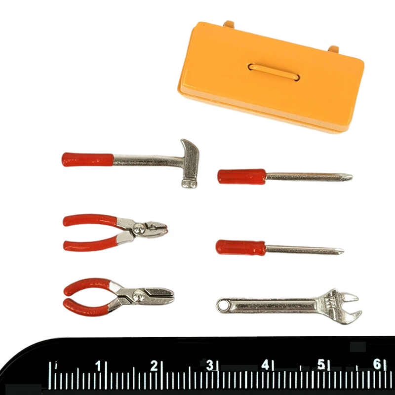 1 set dockhusminiatyrverktygslåda 【verktygslåda +6 verktyg】handgjorda verktygsset modellmöbler tillbehör dockhusdekor leksaker