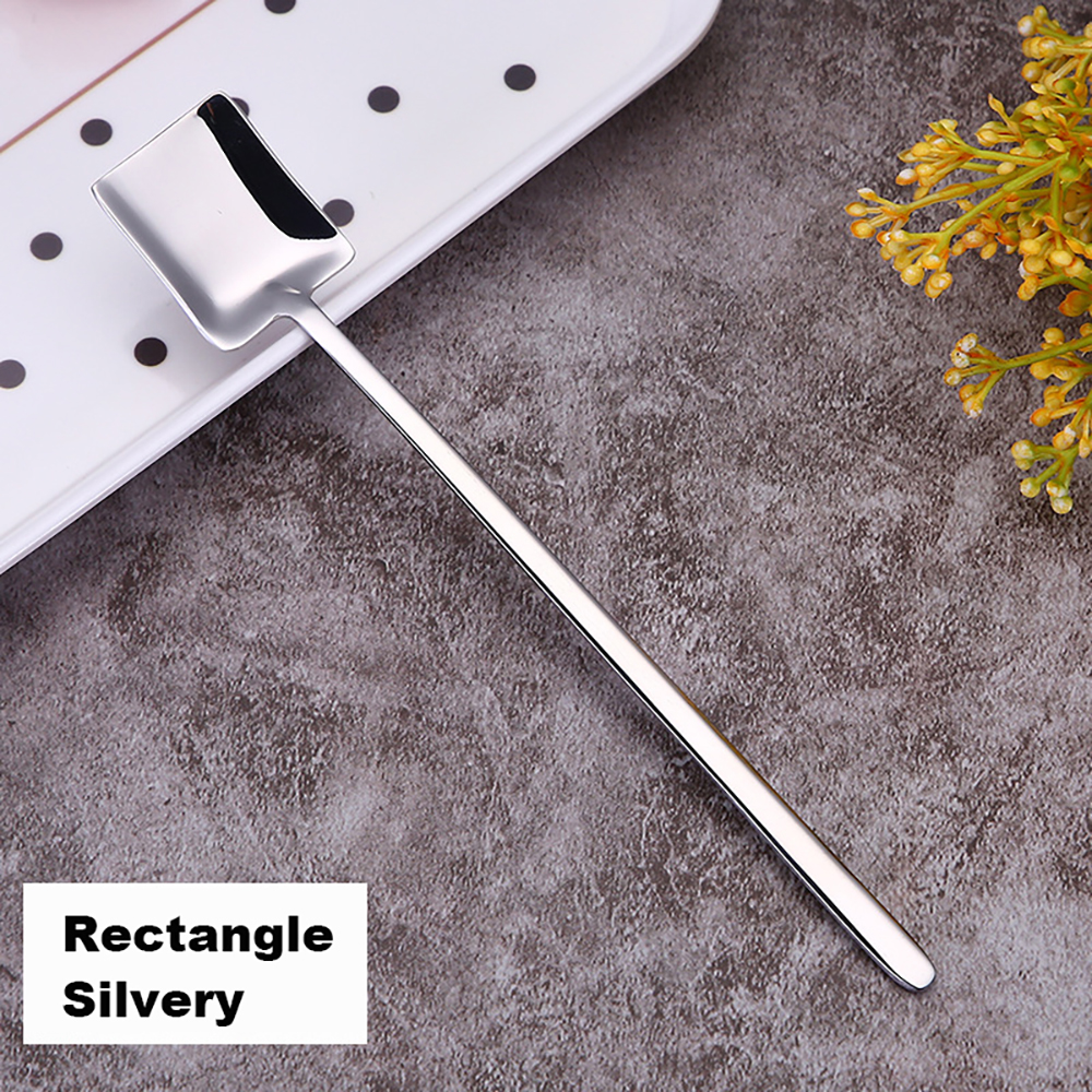 304 Roestvrij Staal Koffie Lepel Creatieve Plating Ijs Lepels Lange Steel Thee Lepels Keuken Gereedschap Drinken Bestek Kleurrijke: Rectangle Silvery