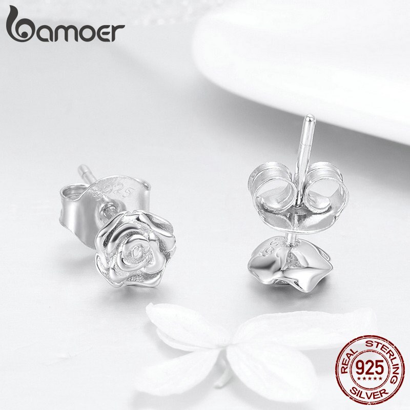 BAMOER Authentische 925 Sterling Silber Romantische Rose Blume Zucht Ohrringe für Frauen Sterling Silber Schmuck BSE012