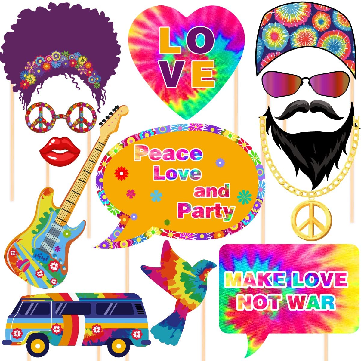 CHEEREVEAL 33 Pcs Hippie Photo Props 1960s 1970s Tie Dye Photo Booth Props Groovy Throwback Theme Selfie Props Party Supplies: Default Title