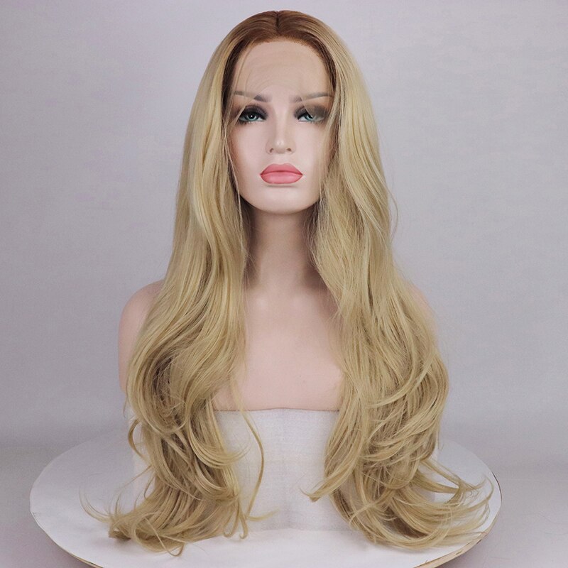 Perruque longue ondulée Ombre Blonde platine Blonde avant perruques synthétiques pour les femmes 24 pouces deux tons naturel partie moyenne perruque