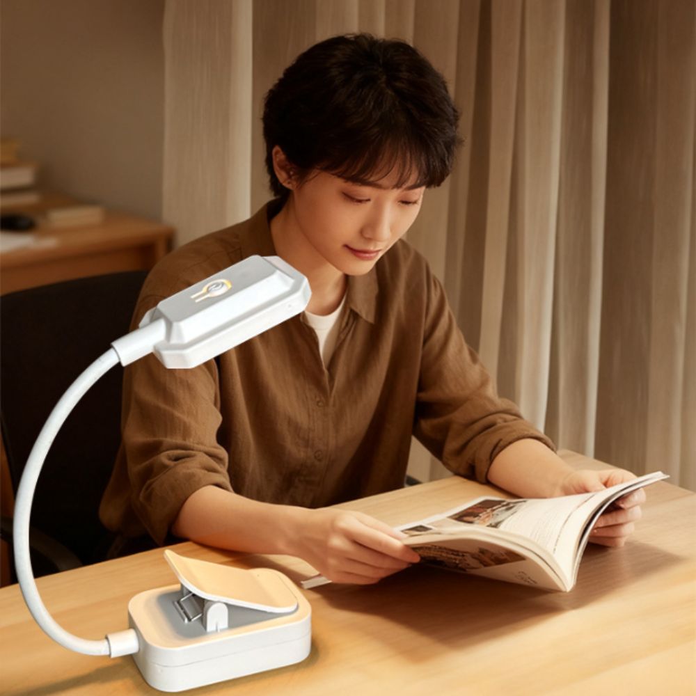 3 standen led-clip leeslamp, traploos dimbaar, flexibele hals, draagbaar, drie kleurtemperaturen, lang indrukken voor aanpassing