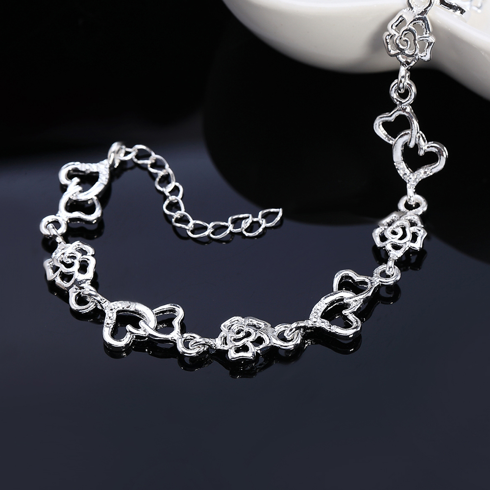 Beautiful 925 Sterling Silver Bracelet for women bracelet HEART lovely FLOWER chain Wedding Party cute lady nice jewelry