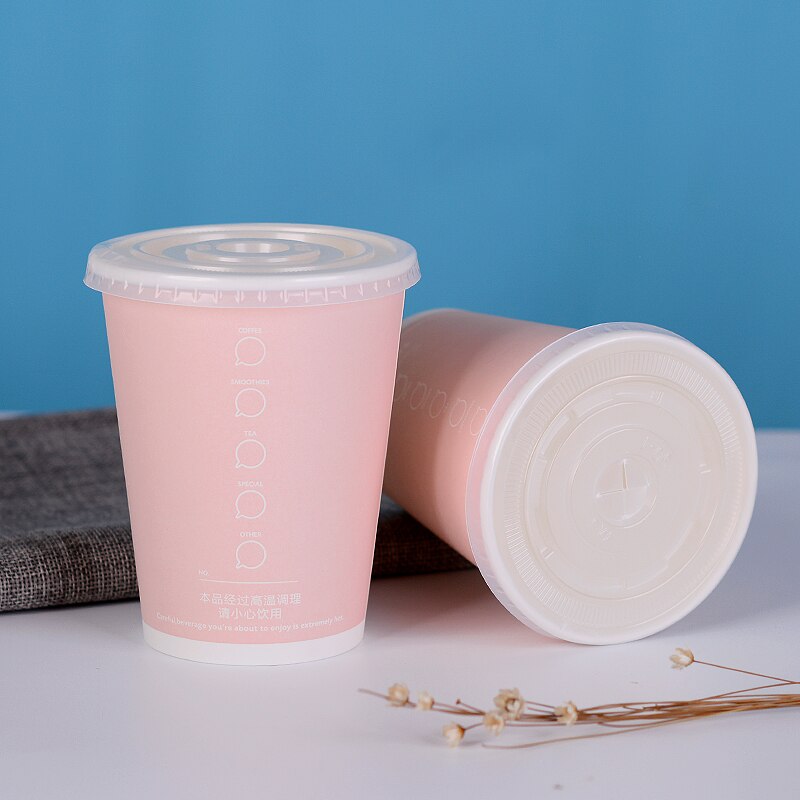 50 piezas Rosa taza de café desechables bebida de té de leche de vasos de papel con tapas comercial hogar anti-agua hirviendo embalaje de tazas