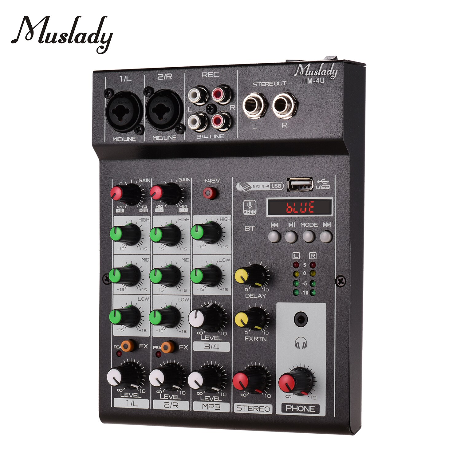 Muslady M-4U 4-Channel BT Mixing Console Digital Audio Mixer Built-in Reverb Effects +48V Phantom Power 3-band EQ Portable