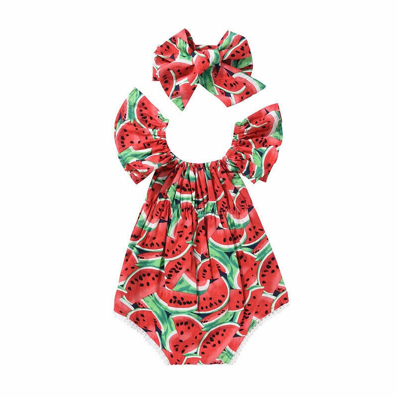 Sommer toddler piger i ét stykke badedragt ærmeløs vandmelon romper jumpsuit pandebånd tøj badetøj: Rød / 24-36 måneder