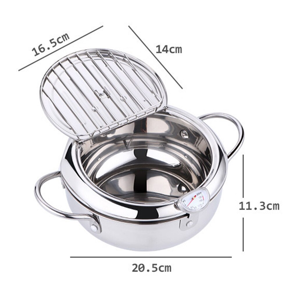 Stainless Steel Japanese Tempura Deep Frying Pot Fryer with Thermometer Drainer Food Cooker Fried Home Kitchen Cooking Gadgets: Silver 20cm