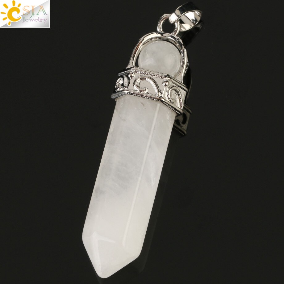 CSJA-colgante de piedra Natural para hombre y mujer, columna hexagonal puntiaguda, pilar de Cristal púrpura blanco y rosa, collares, G287: White Crystal