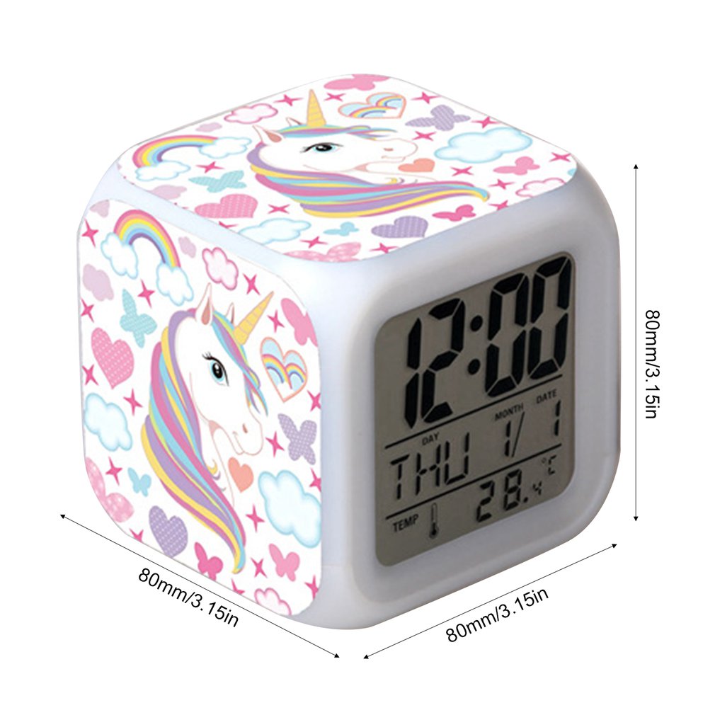 4-sided Unicorn Pattern And 7 Kinds Of LED Luminous Wake-up Bedside Clock Unicorn Room Decoration Children's Alarm Clock