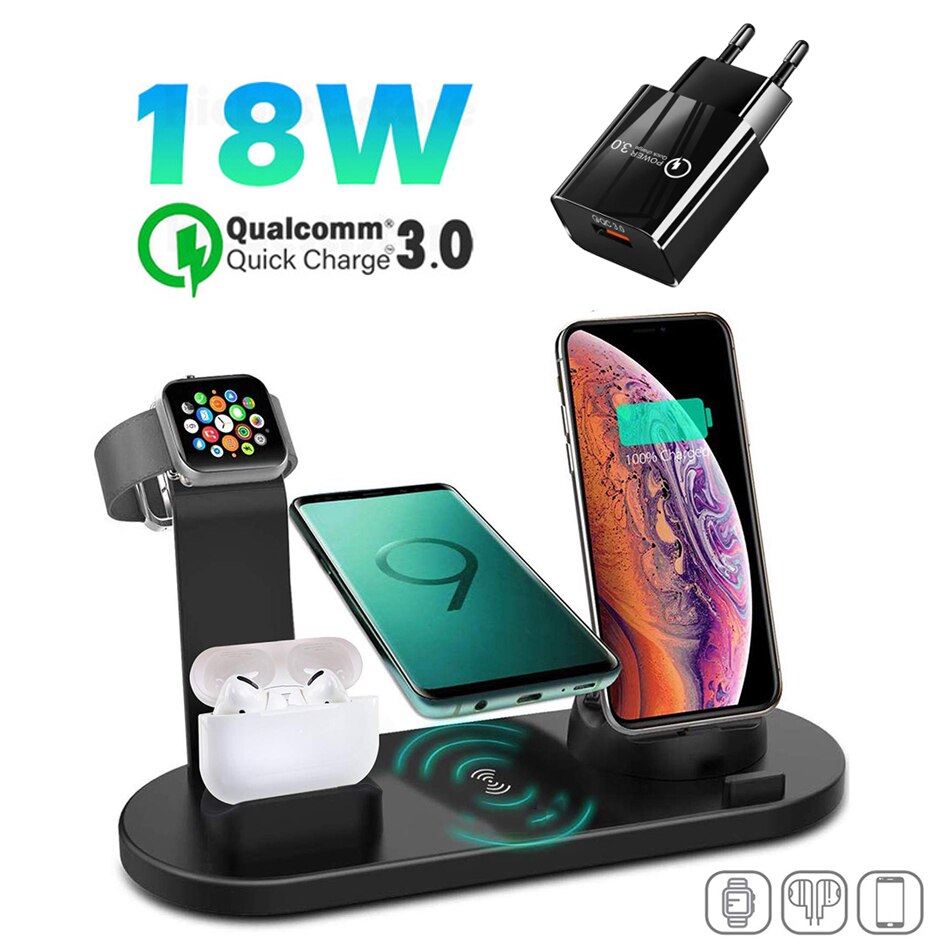 KEPHE 4 in 1 Qi Wireless Charger For iPhone 11 X XS XR 8 10W USB Type C Fast Charging Dock Stand for Apple Watch 5 4 3 2 Airpods: Black with EU Plug