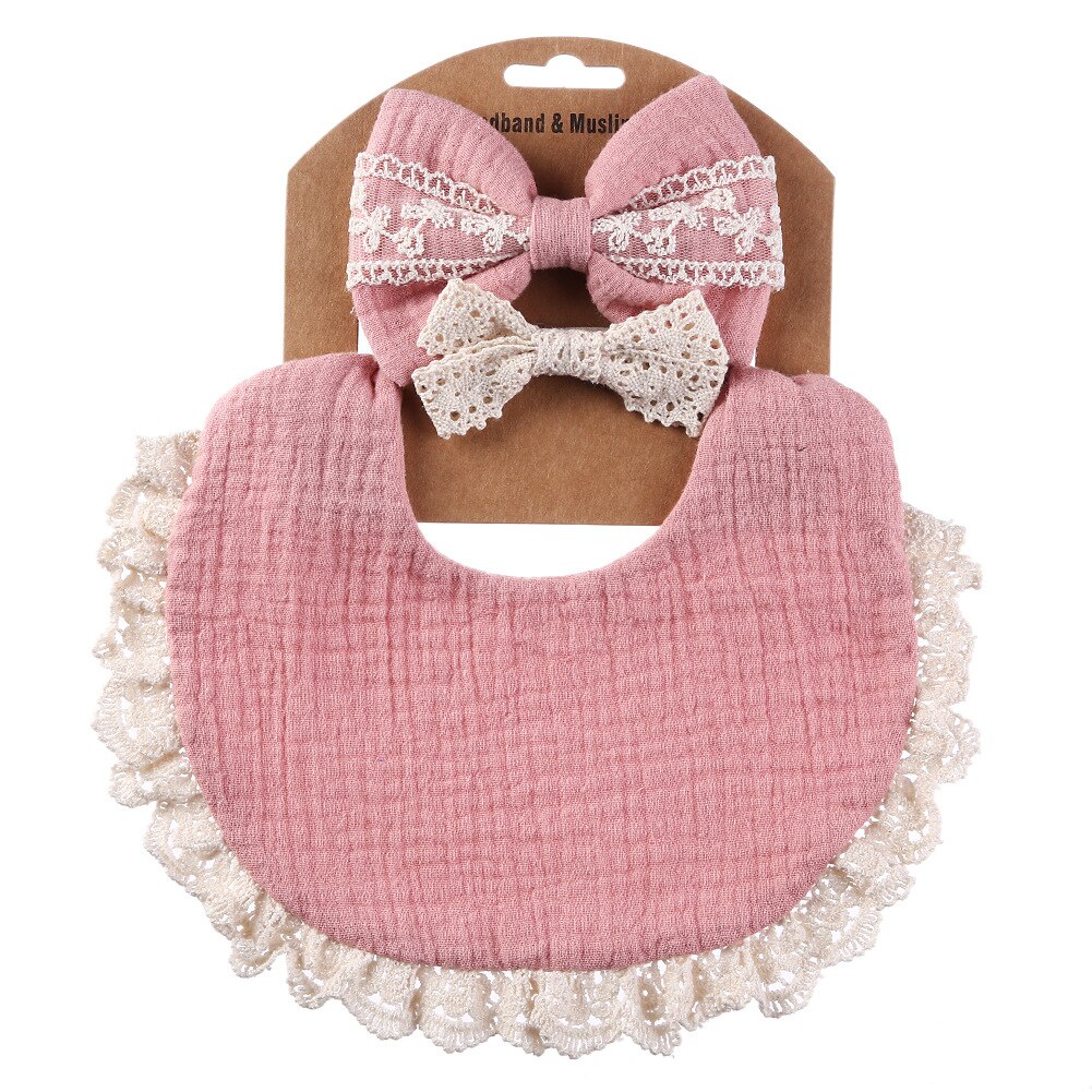 Babyvoeding Kwijl Bib Kant Hoofdband Set Zachte Katoen Speeksel Handdoek Burp Doek Voeden Kwijlen Slabbetjes Schattige Kinderen Haar Accessoires: dark pink