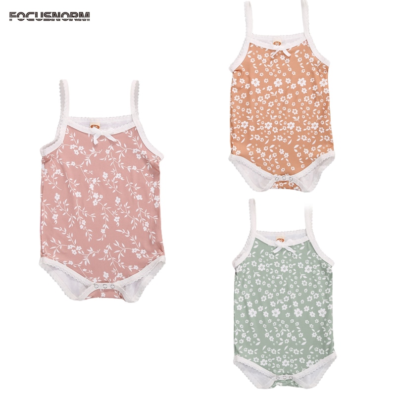 Focusnorm 0-24M Zomer Kids Meisjes Bodysuits Bloemen Print Mouwloze Jumpsuits Boog Mooie Outfits 3 Kleuren