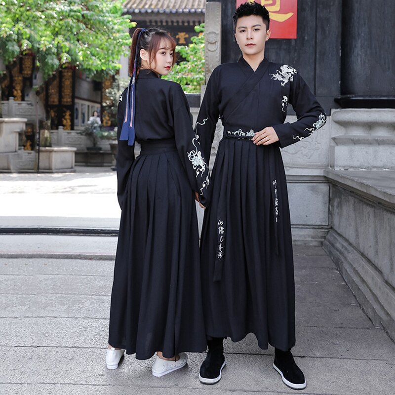 Zwart Borduurwerk Hanfu Vrouwen Mannen Traditionele Dans Kostuums Fee Jurk Zangers Prestaties Kleding Folk Festival Outfit DC3175