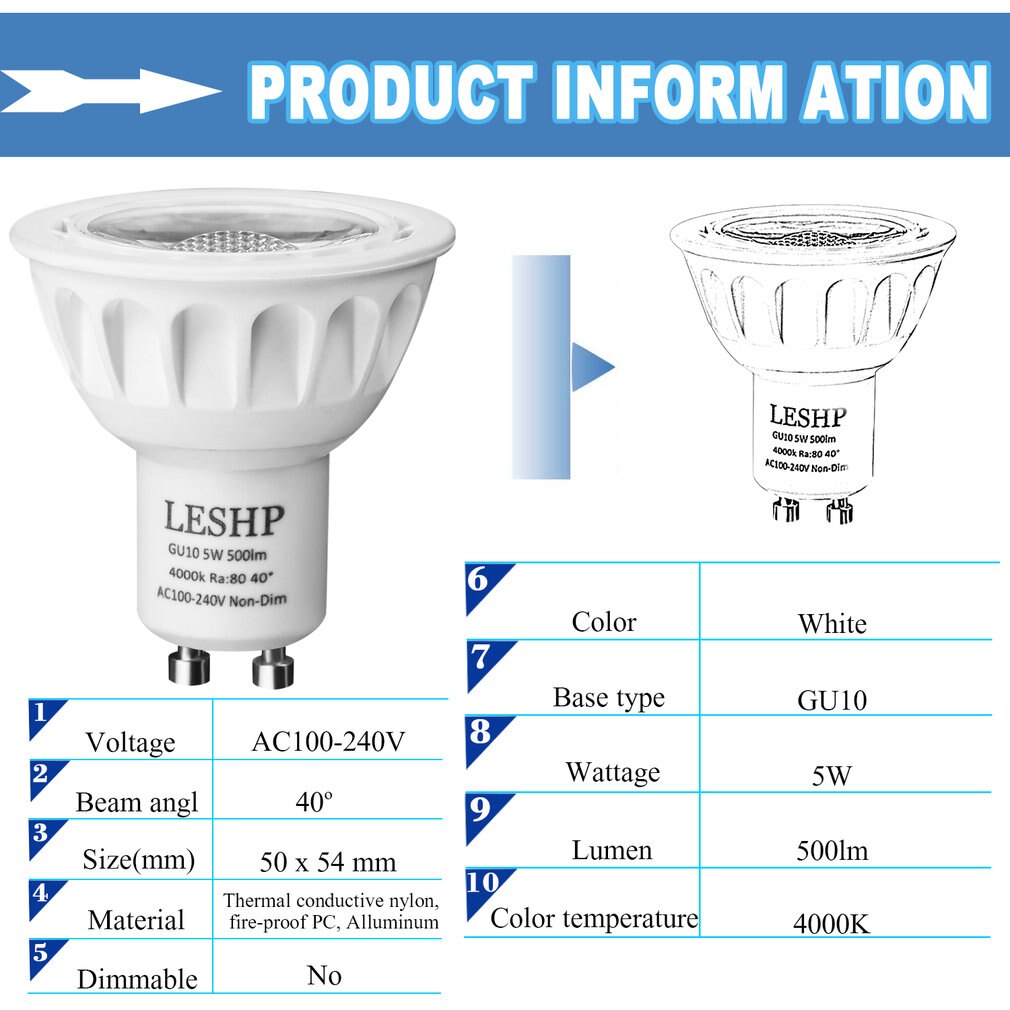 Foco LED blanco GU10 AC100-240V, 5W, 4000K, 500LM, no regulable, ángulo de haz de 40 grados, tamaño compacto, peso ligero, 6 uds.