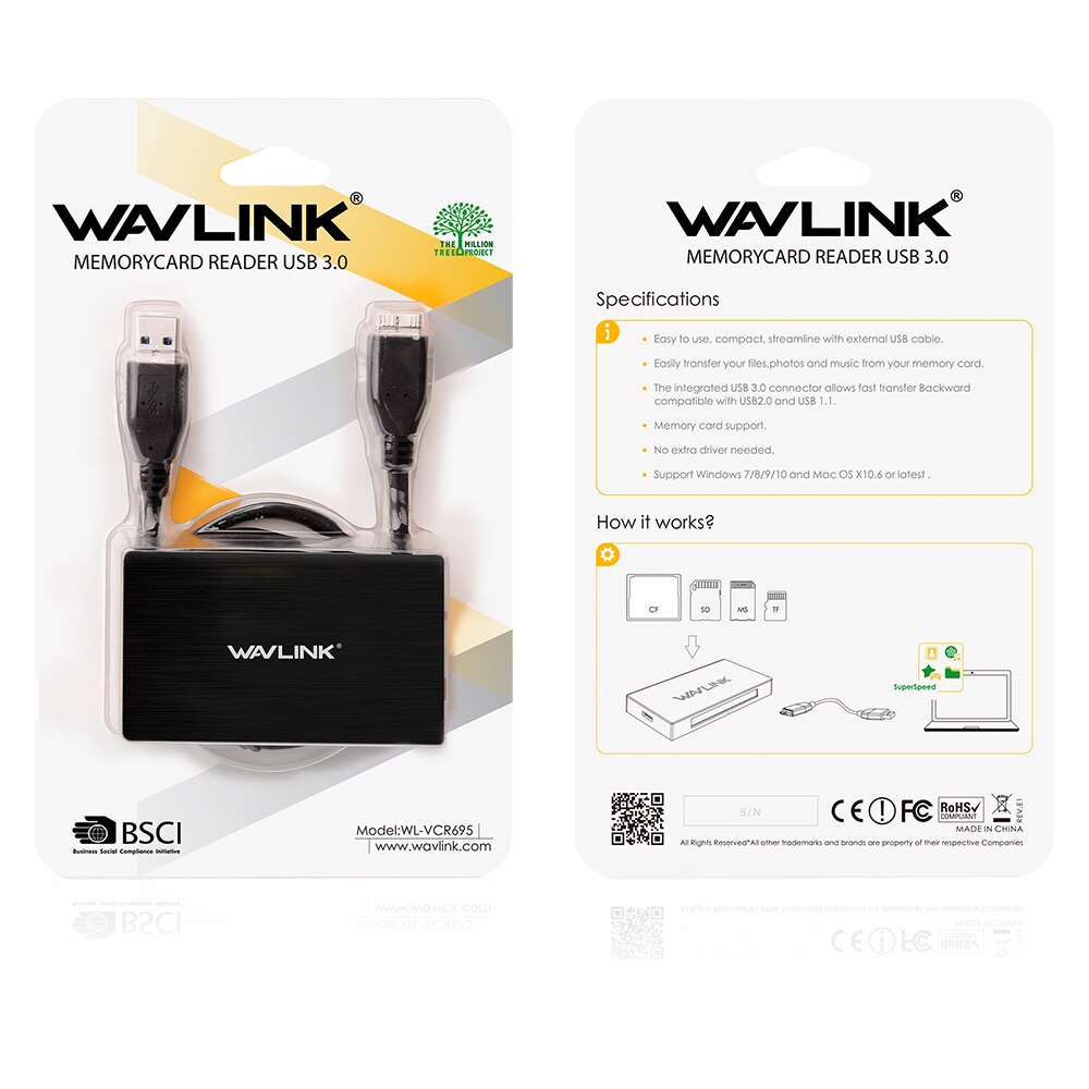Wavlink All in 1 USB 3.0 SD TF SD SDXC SDHC MS CF M2 Kaartlezer Adapter High Speed Memory kaartlezer met 50 cm Verlengkabel