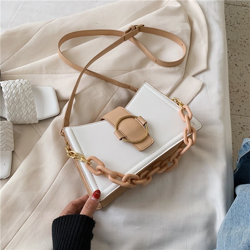 Women's PU Leather Shoulder Bag - Small Crossbody Purse with Chain - Fashionable Casual Tote: White