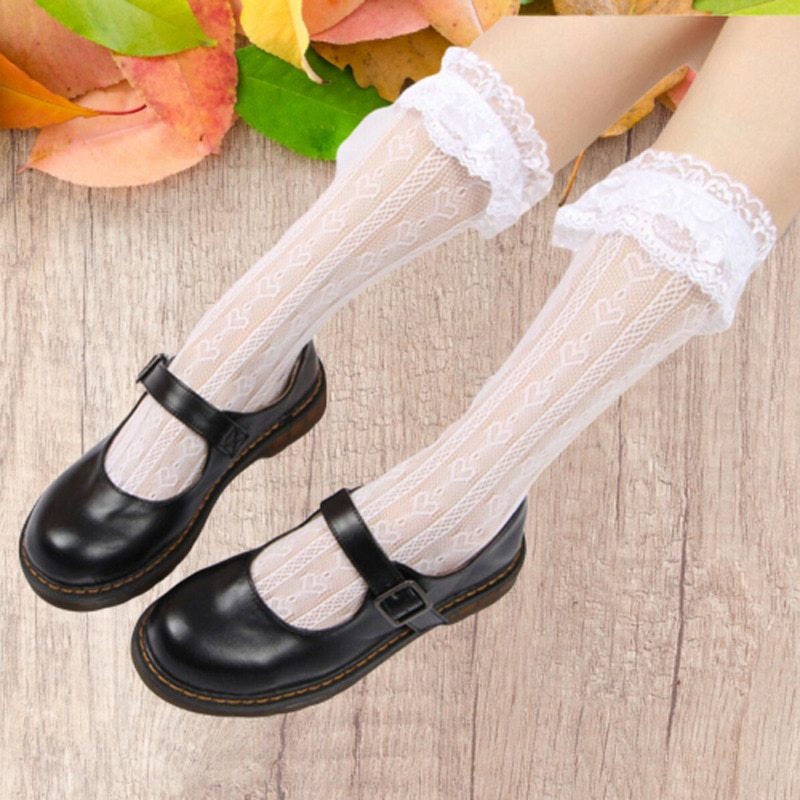Meninas adorável lolita rendas floral meias plissado macio plissados elástico fishnet curto tornozelo meias preto branco