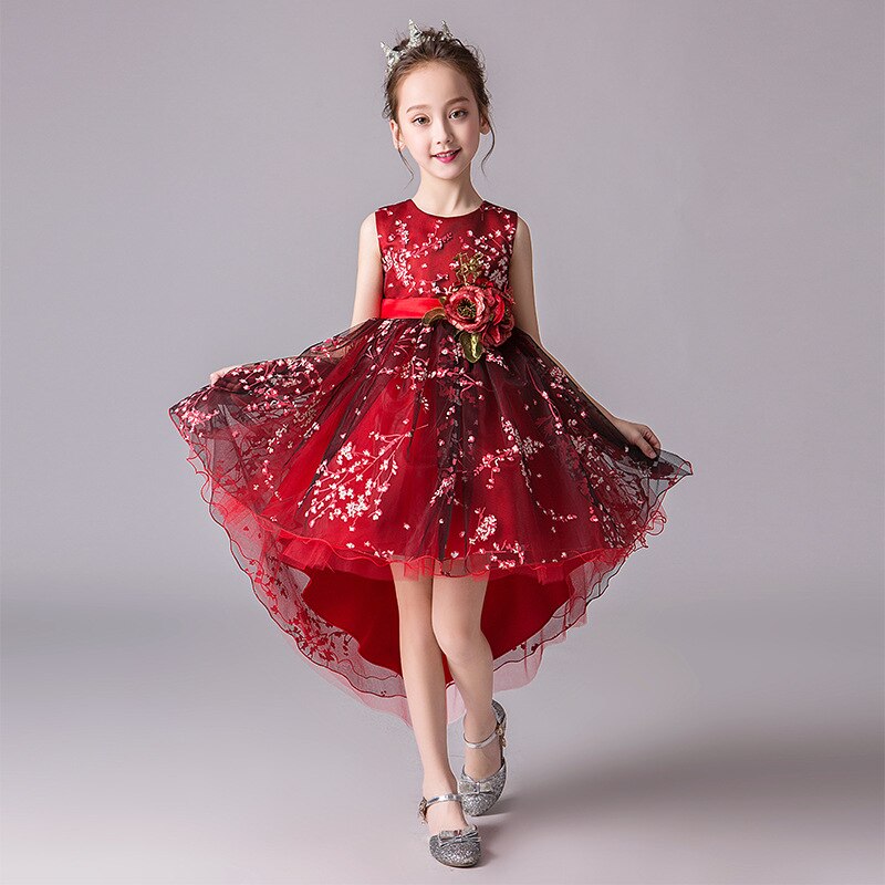 Bloem Meisjes Bruiloft Bruidsmeisjes Staart geborduurde banket Bruidsmeisje Jurk Girls'Campus Graduation Dance Party Staart Jurk