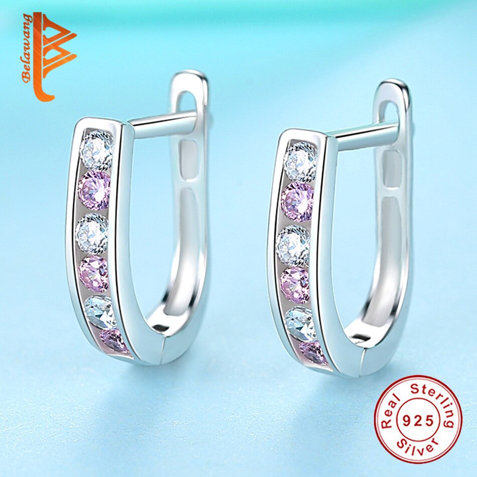 Belawang Pure 925 Sterling Silver Cubic Zirkoon Ronde Hoop Oorbellen Voor Vrouwen & Meisje Roze Oorbellen Sterling Zilveren Sieraden