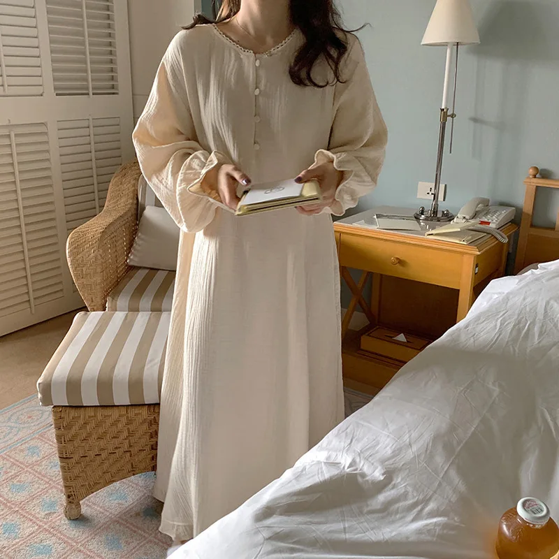 100% algodão mulher vestido bonito cereja impressão manga longa botão até coreano maxi vestidos confortáveis homewear vestido de mujer: APRICOT