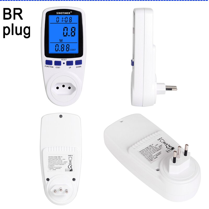 Grote Lcd Backlight Eu Uk Br Us Fr Au Plug Energy Meter Elektrische 230V 110V Watt Voltage Amp meter Stroomverbruik Analyzer: BR Plug