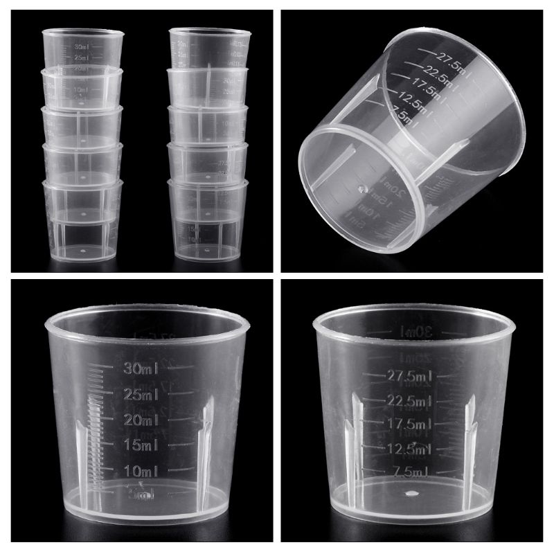 10 stk laboratorieflaske laboratorietest, der måler 30ml beholderkopper med hætteglas af væske i plast