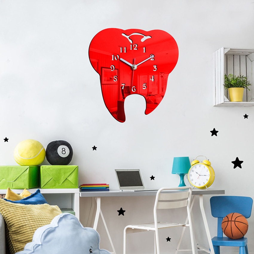 3D Tooth-Shaped Wall Clock Dental Decoration Ornament Silent Wall Clock Battery Powered Mirror Wall Clock Dental