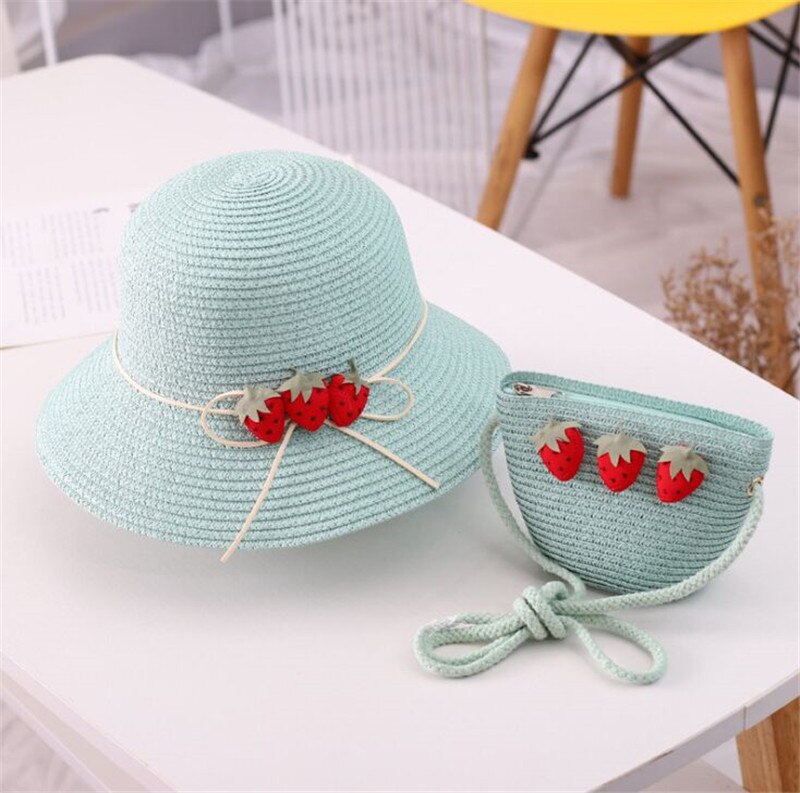 Hotsale Zomer Twee Stuk Een Set Kind Leuke Daisy Bloemen Schoudertas En Strooien Hoed Baby Meisje Zonnehoed Panama cap Gorros: Strawberry  C
