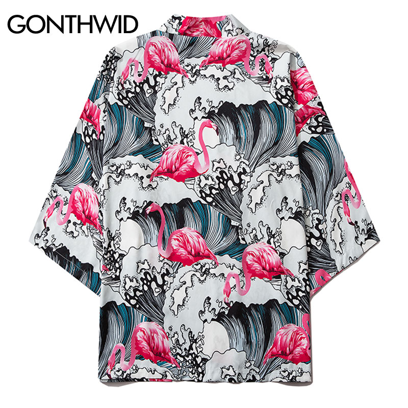 Gonthwid Creatieve Flamingo Seawaves Print Japanse Kimono Vest Shirts Tops Mannen Casual Streetwear Jassen Uitloper