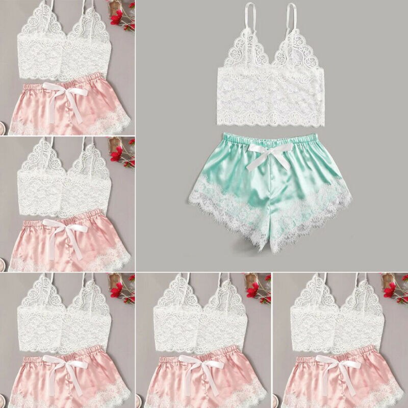 Sommer kvinner sexy pyjamas silke pyjamas sett nattøy dyp v slynge undertøy sett elastisk bowknot shorts dame sommer pyjamas