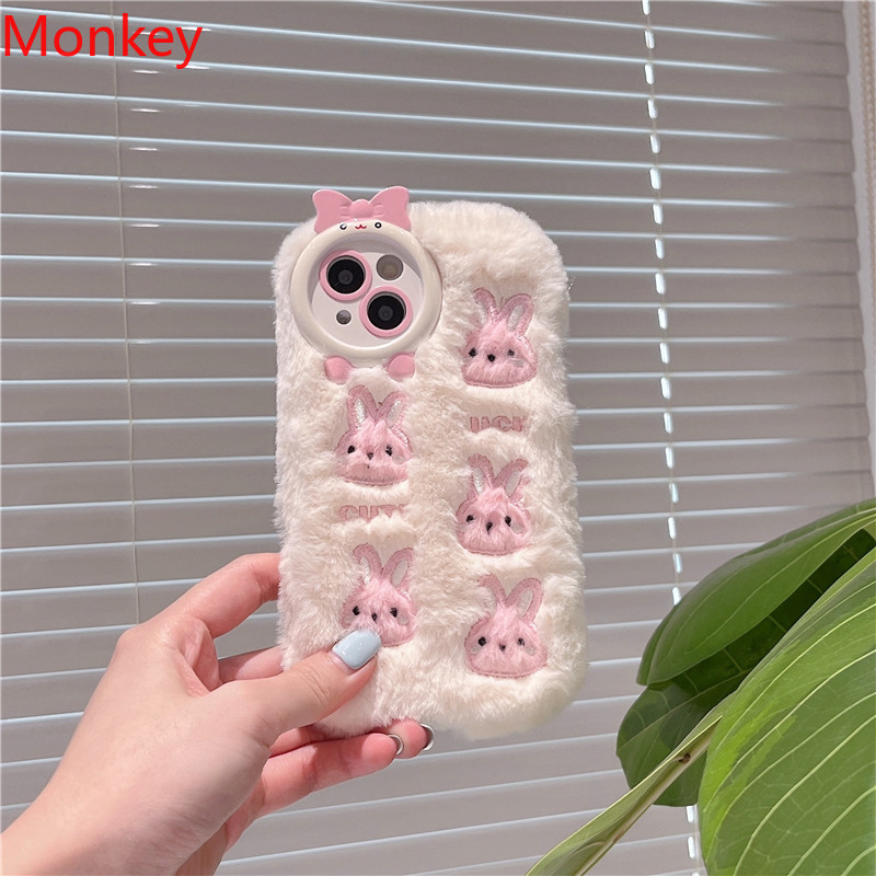 Fluffy plysj 3d søt kanin rosa telefondeksel til iphone 15 pro max deksler 14 12 11 pro max beskyttende mykt deksel til iphone 13 deksel