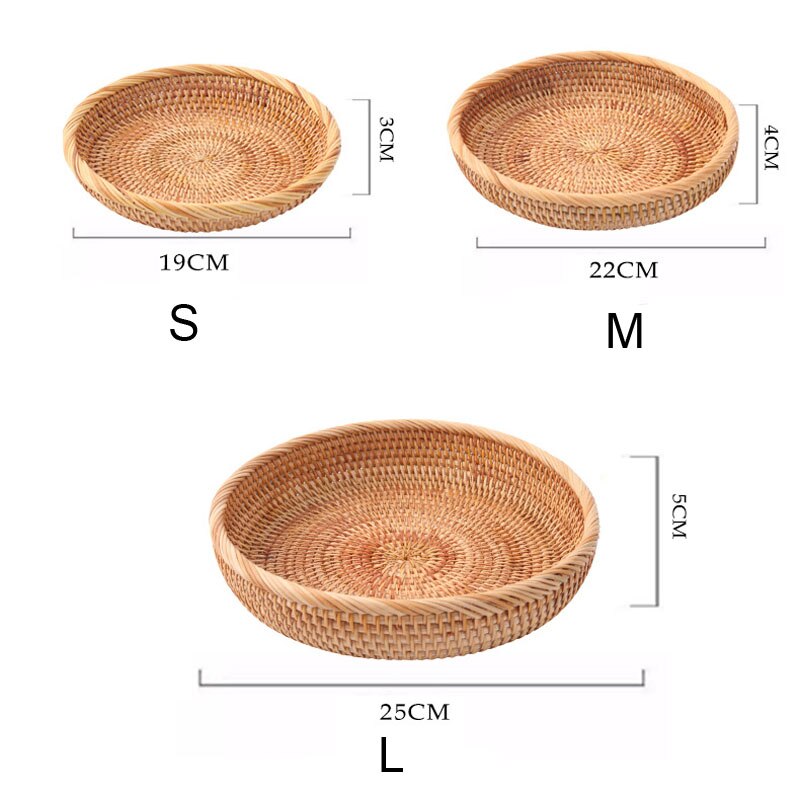 Rattan Storage Tray Handwoven Round Wicker Basket Bread Food Plate Fruit Cake Platter Dinner Serving Box Kitchen Decoration Item