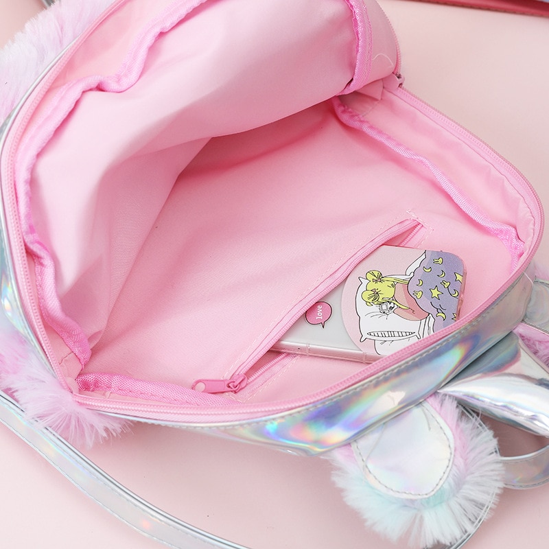3D Cartoon kids bag holographic pink backpack for children Plush school bags pu backpack for girls mochila escolar