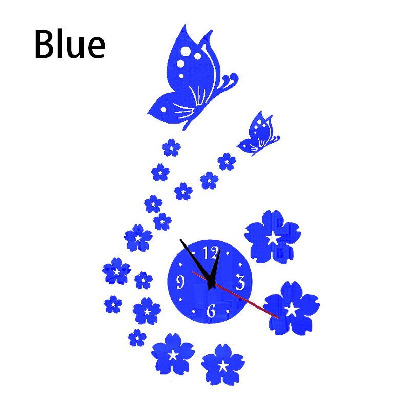 3d diy stereo vlinderspiegel acryl wandklok, muursticker klok, woondecoratie, woonkamer acryl spiegel wandklok: Blauw