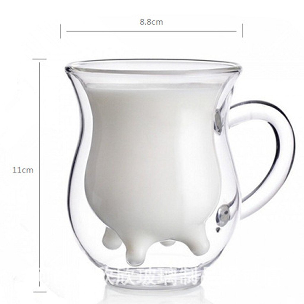 Vaca ubre forma Doble transparente de leche de vidrio taza para té y café manija de la taza de Scald de prevención lindo de vidrio doble taza redonda Drinkingcup