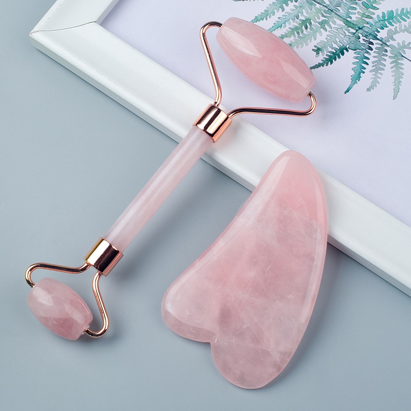 Roze Kristal Gezicht Lift Roller Jade Schrapen Boord Natuurlijke Jade Roller Push Facial Schoonheid Instrument