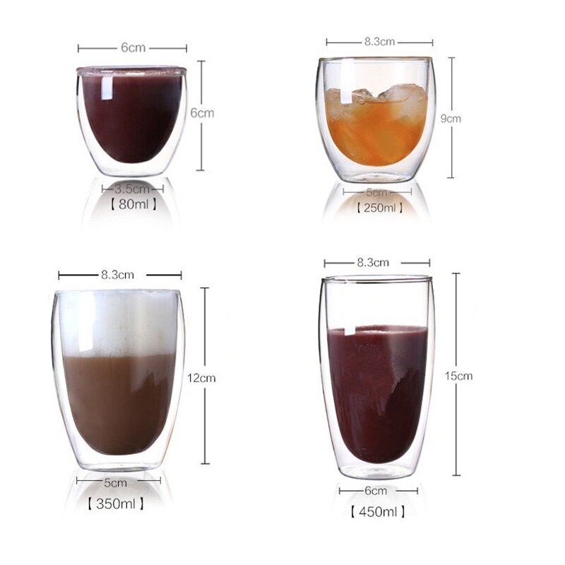 450ml/350ml/250ml/80ml värmebeständig dubbelvägg klar glas kopp te drinkware kopp dryck hälsa regim mugg kaffekopp