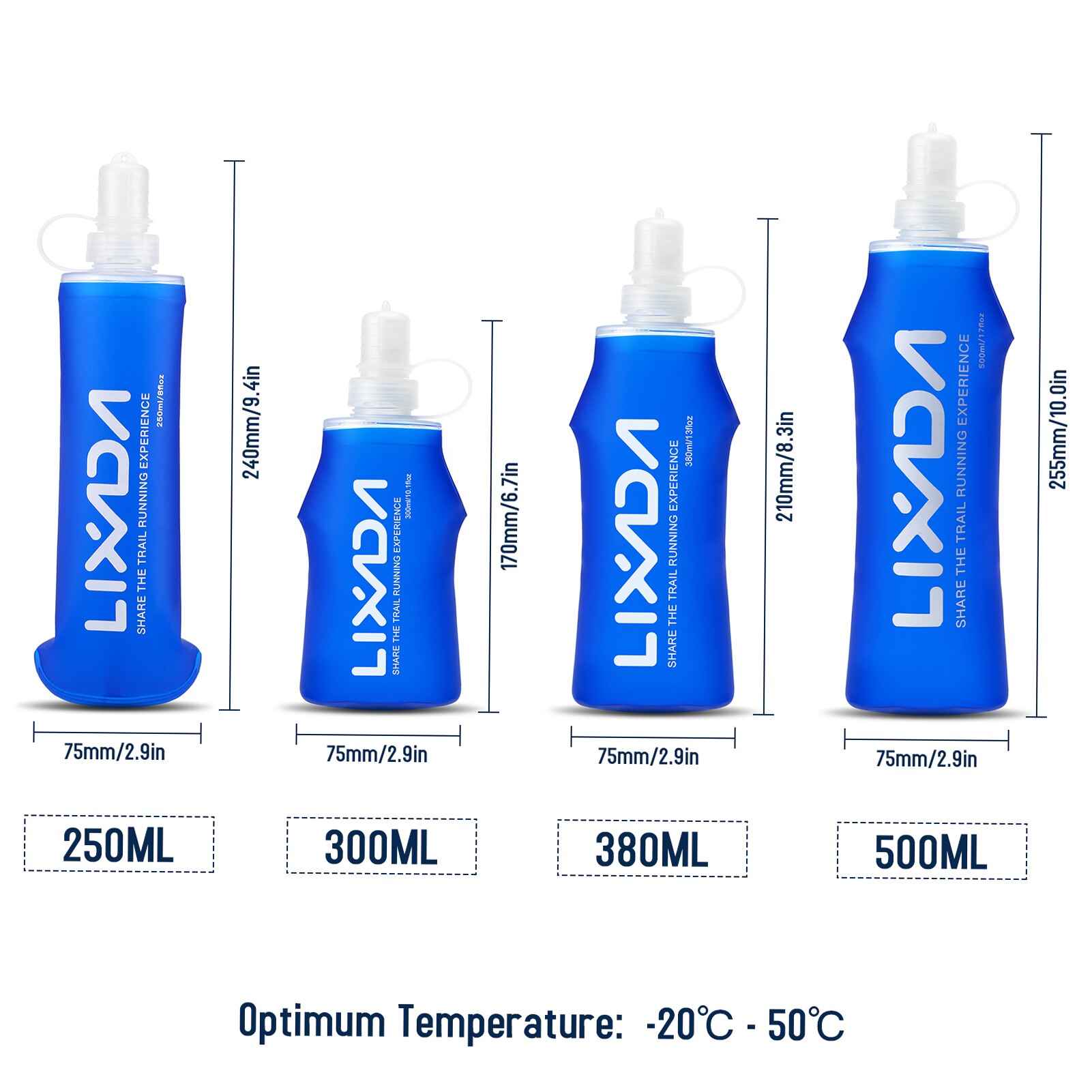 Lixada Weiche Flasche Falten BPA FREI Trink Wasser Flasche für Laufen draussen Wandern Radfahren 250mm 300mm 380mm 500mm