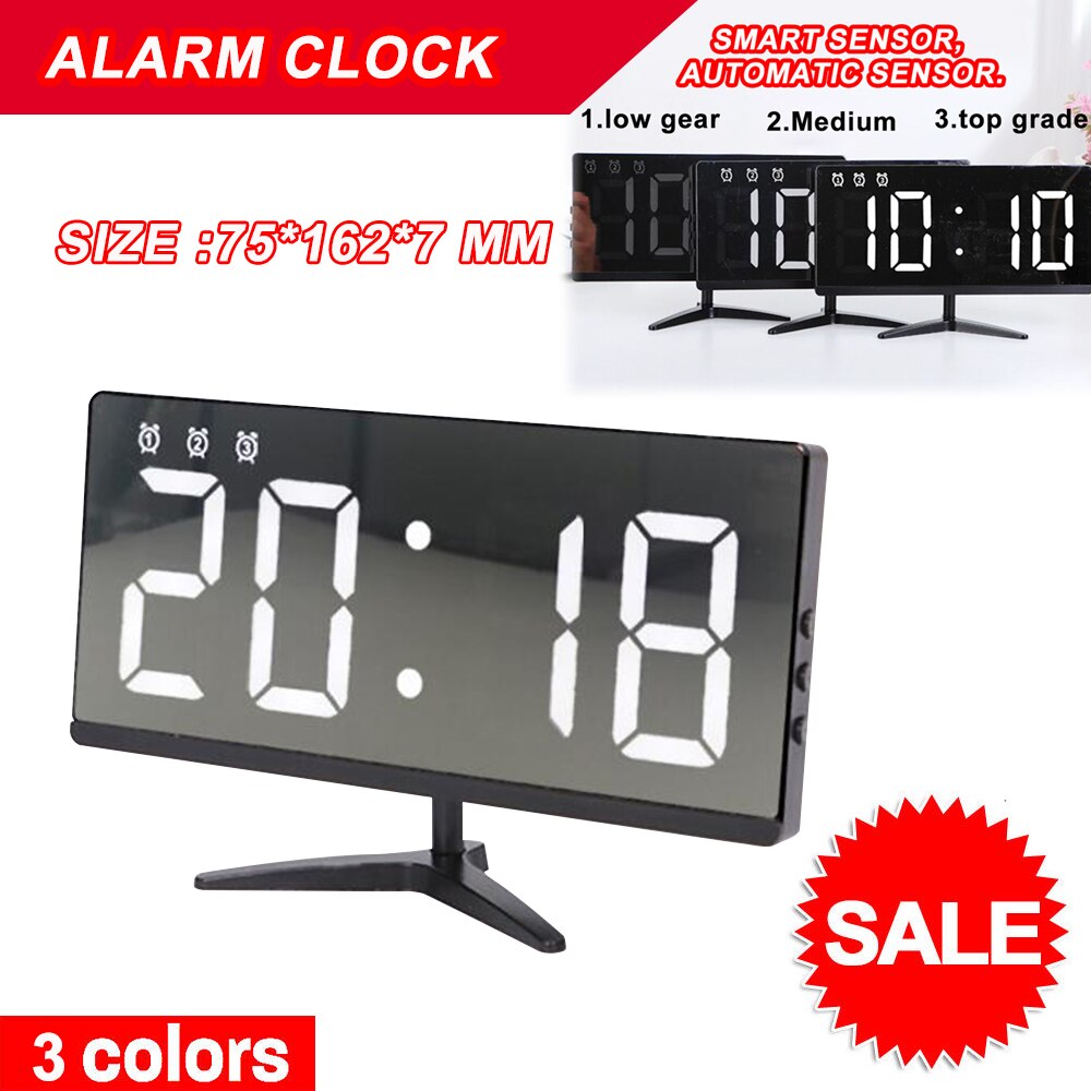 Digital LED Mirror Alarm Clock Dimmable LED Light Sensor Time Bedside Clock 3