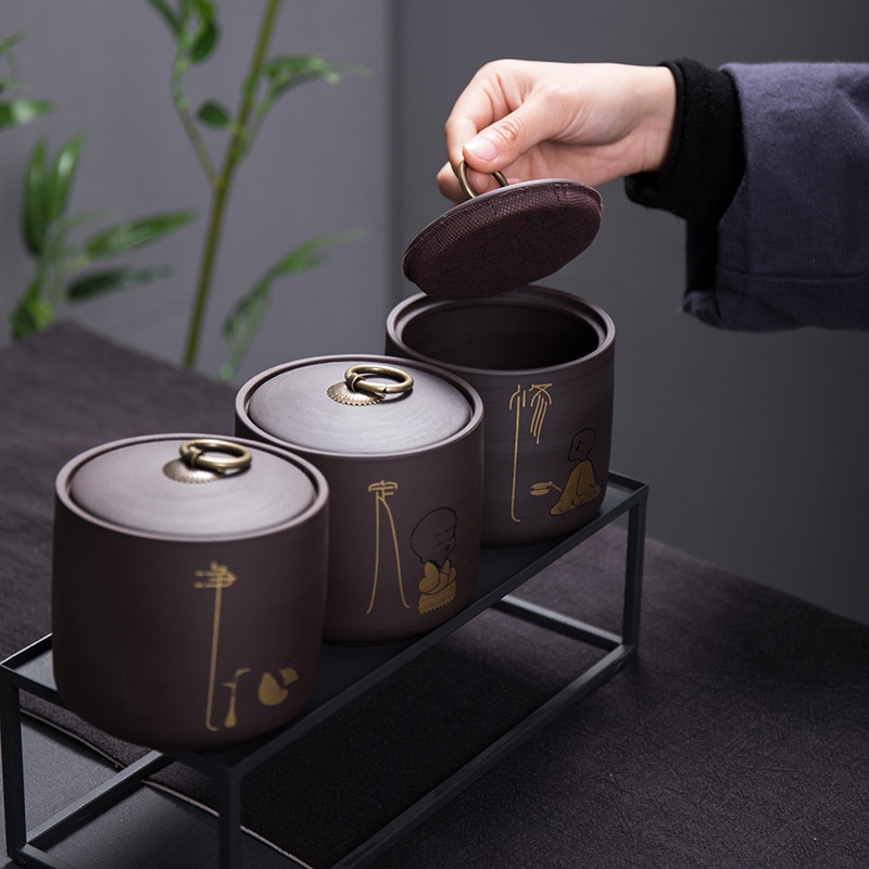 Paarse klei theebussen keuken opbergpotten keramische verzegelde blikken suikerpot kleine monnik patroon opbergdozen woondecoratie