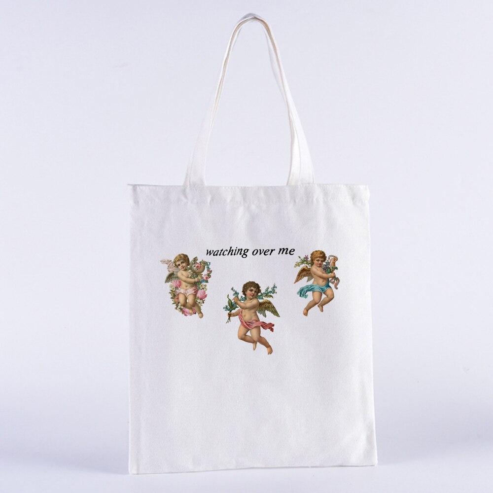 YOU CAN'T SIT WITH US Vintage Harajuku Angel Female College Canvas Shoulder Bag Casual Large Capacity White Totes: B0105-TBWH-M