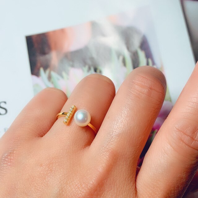 T-shaped natural pearl open gold color ring simple ring 925 sterling silver women's ring party wedding anniversary jewel: Default Title