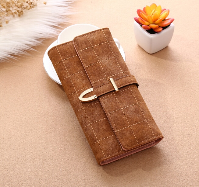 Women Wallets Long With Plaid PU Leather Hasp Coin Purse Phone Bag Card Holders Female Wallet for girls ladies: Brown