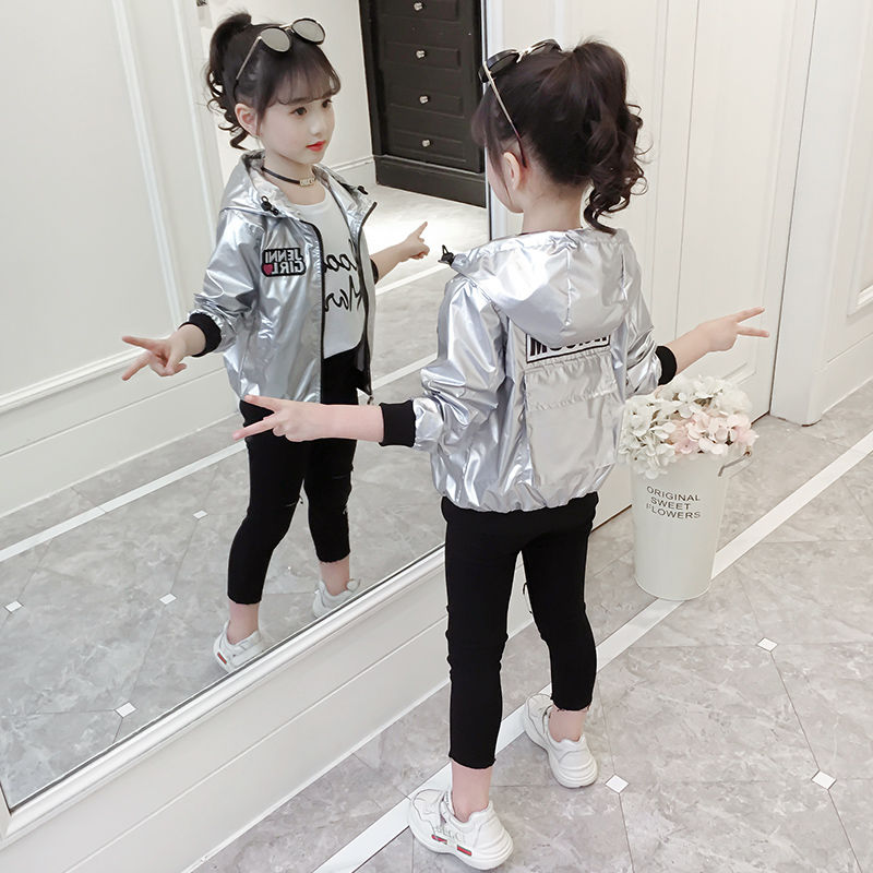 Ins pigejakke 4-13 år gammel mærkebogstav hættetrøjer forår og efterår frakke online berømthedstøj lys farve: Sølv / 4t