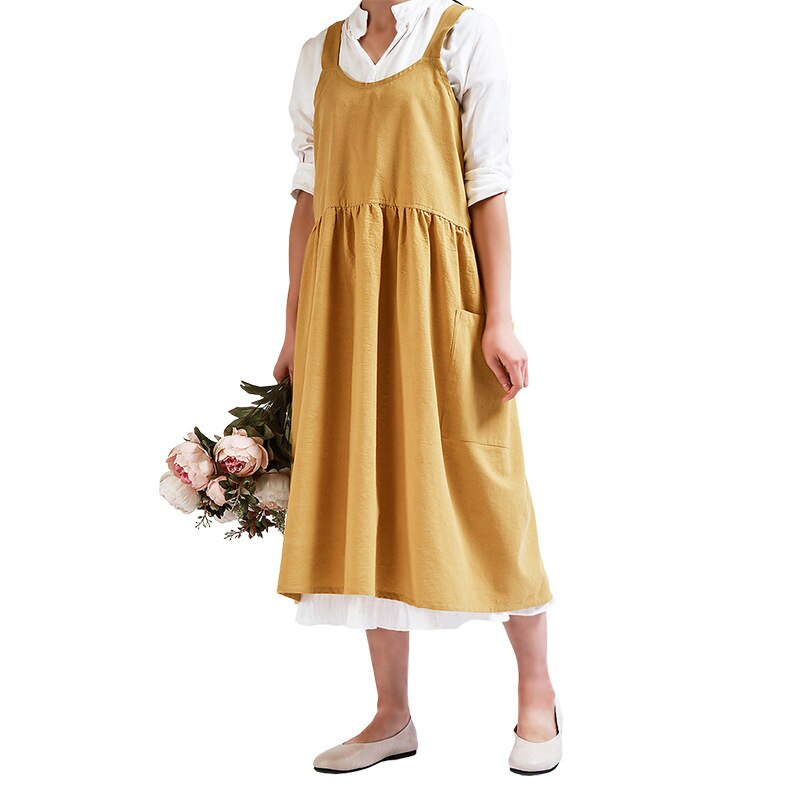 Tablier croisé à dos pour femmes, en coton et lin, enveloppe de cuisson japonaise, robe de fleuriste, Art littéraire, en coton et lin, pour la publicité: YELLOW