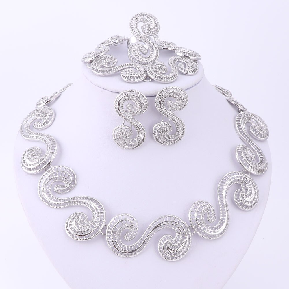 African Jewellery Sets Silver Plated Hollow Out Necklace Bracelet Ring Earrings Sets Classic Bridal Jewelry Sets: Silver